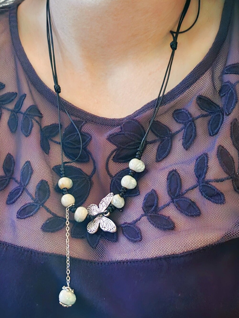 Adjustable Butterfly Pendant Beaded Necklace - White Beads
